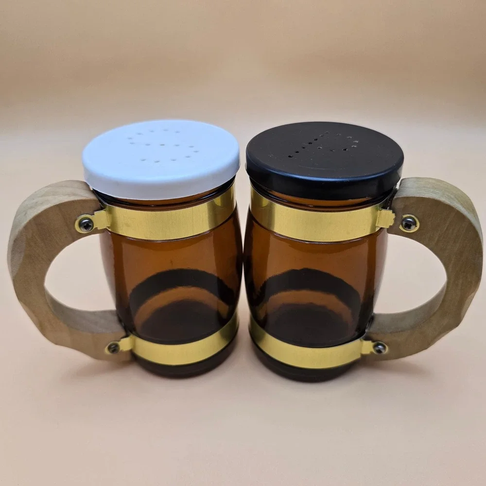 Vintage Amber Glass Beer Stein Salt and Pepper Shakers Wood Handle Gold Trim Set